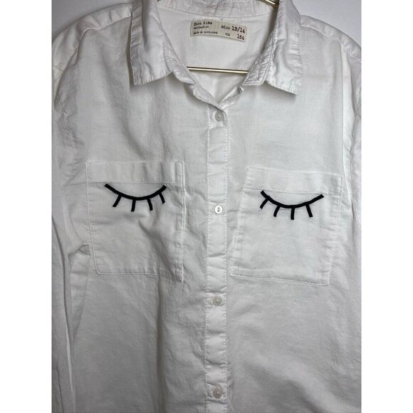 Zara Girls White Long Sleeve Button Down Shirt Eyelashes Size 13/14 - Picture 2 of 10